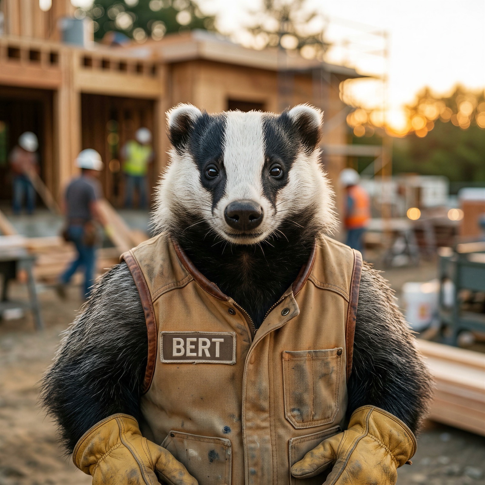 Bert, the JobBadger badger, on a framing site at sunrise